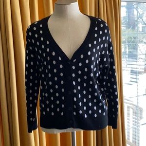LARGE Black & White Polka Dot Button Down Sweater Cardigan 3/4 Sleeve V Neck EUC